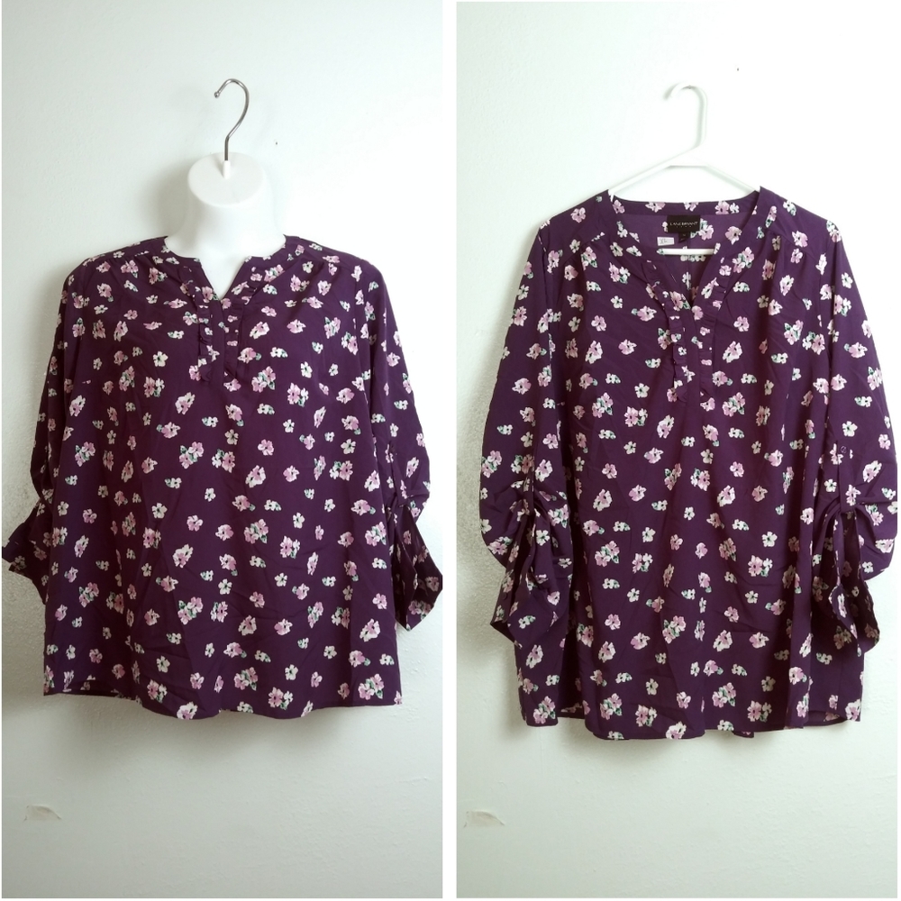 Lane Bryant 16 Blouse Purple Floral Ruffled V Notch- Tab Sleeve - Picture 1 of 14